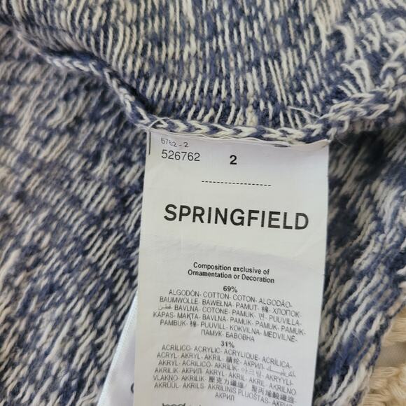 Springfield Size 4 Blue Cream Knit Fringe Shawl Fleur De Lis Pattern - Picture 8 of 9